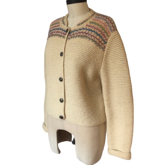 Vtg Hand Knit Embroidered 100% Pure Wool Pastel Rosebud Ivory Cardigan Sweater - Picture 4 of 16